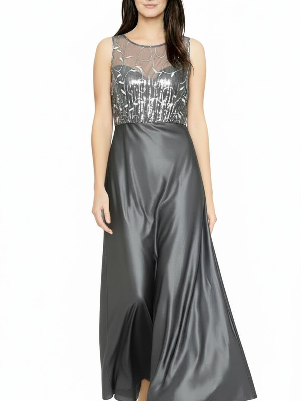 Y2K Prom Silver Gray Satin Look Evening Gown Sheer Embroidered Bodice NWOT